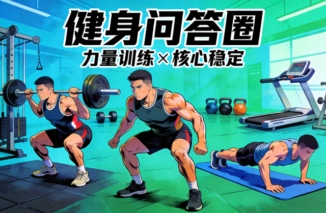 健身问答圈主题图，运动员在健身房进行力量训练与核心稳定练习