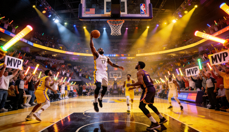 NBA比赛现场全景图，球员在灯光下进行激烈攻防对抗，观众席氛围热烈