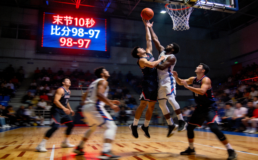 NBA总决赛焦点战画面，两队核心球员在篮下争抢篮板，比分牌高亮显示关键时刻